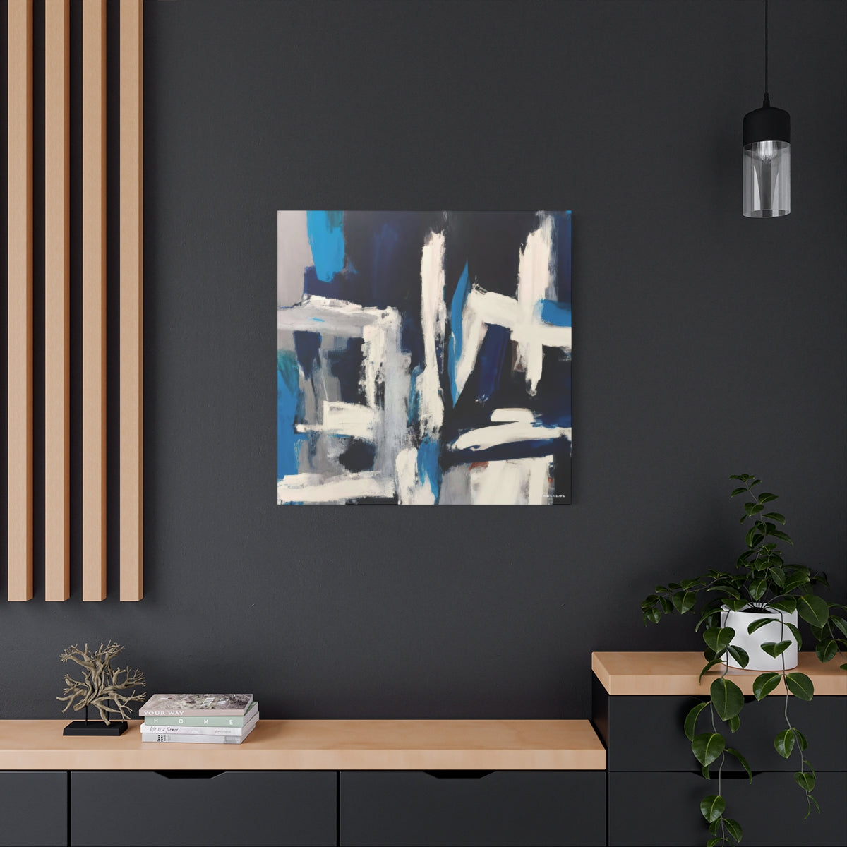 peinture abstraite, masculine, bleue, blanche et grise